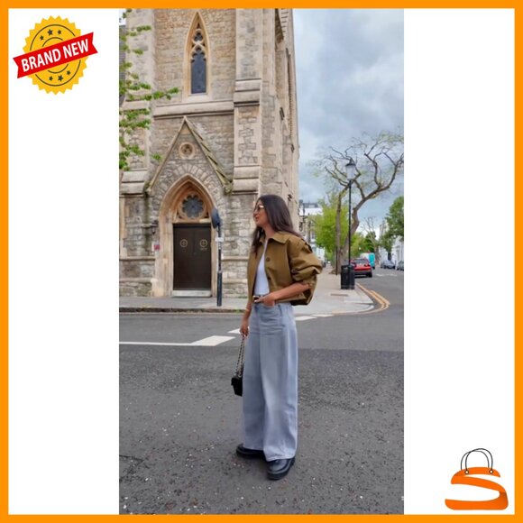 Cropped Pleated Trench Jacket Long Sleeve Collared Button Down Chic Retro - Picture 6 of 7